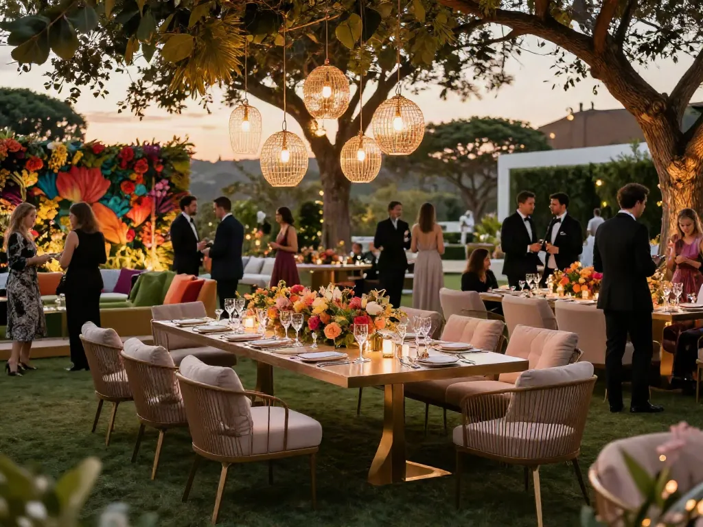 Event furniture rental setup with elegant tables, plush lounge seating, and ambient lighting at a luxury outdoor gathering.