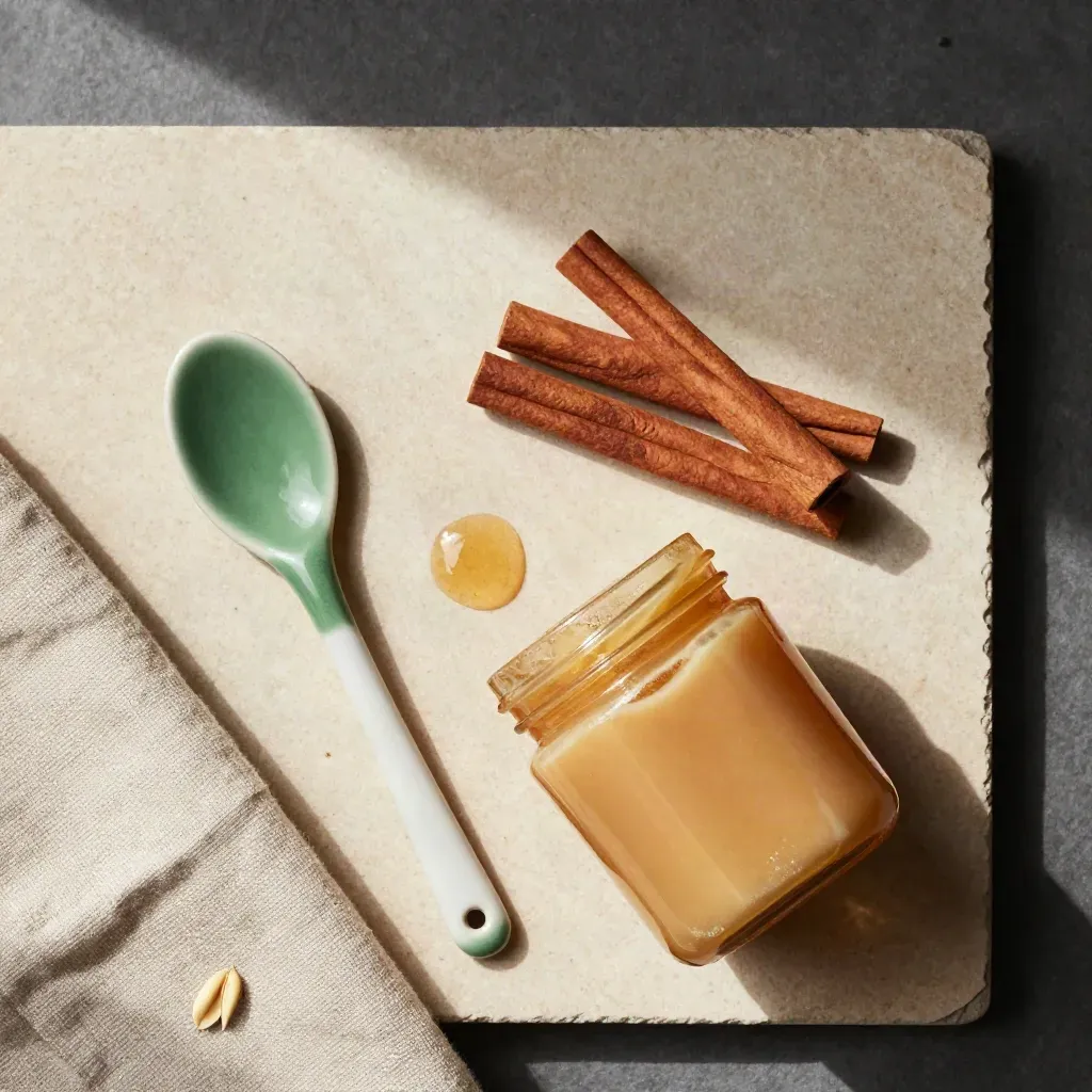 Overhead honey jar with cinnamon sticks, linen, and ceramic spreader on stone slab.