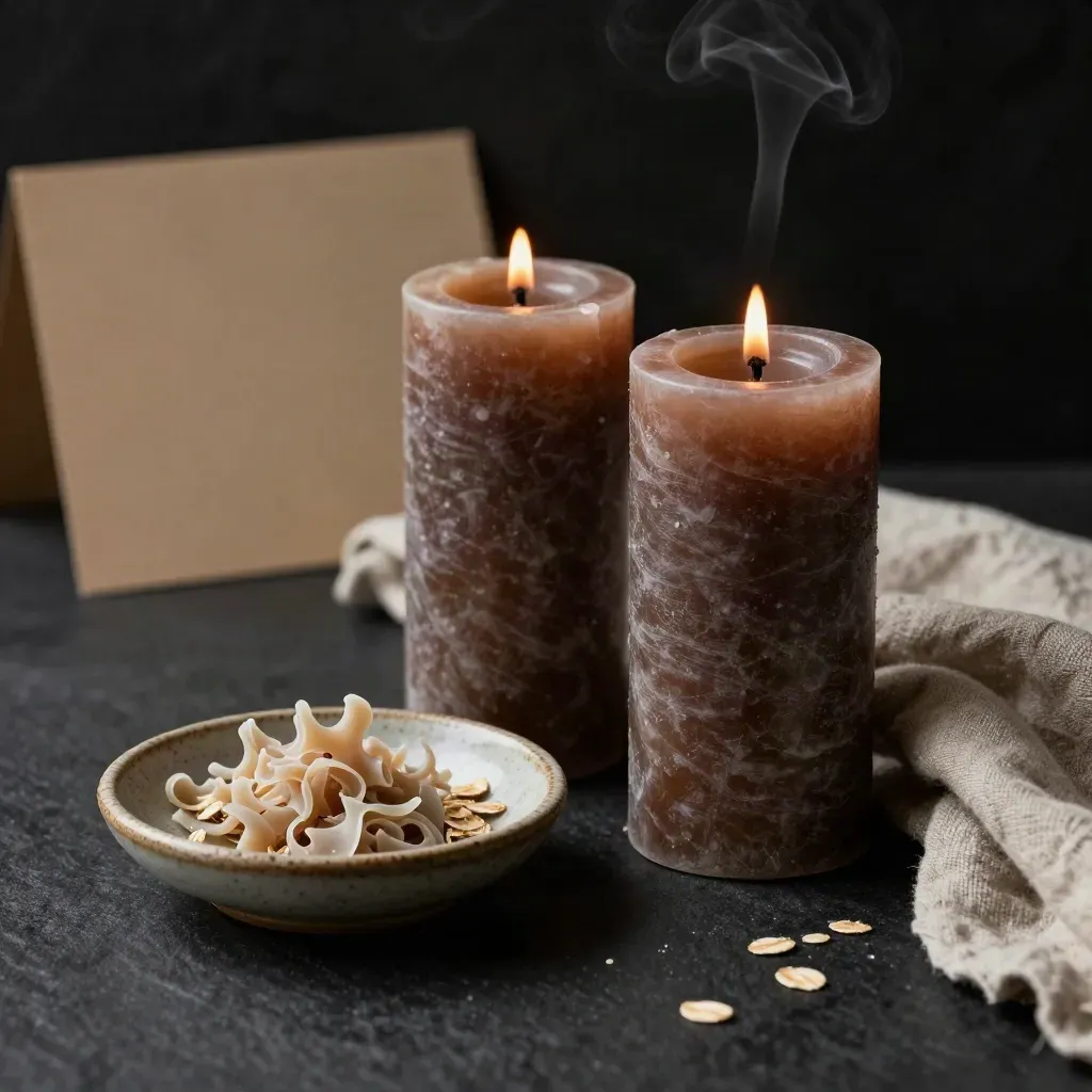 Two beeswax pillar candles with wax curls and linen on a matte-black surface in moody studio light