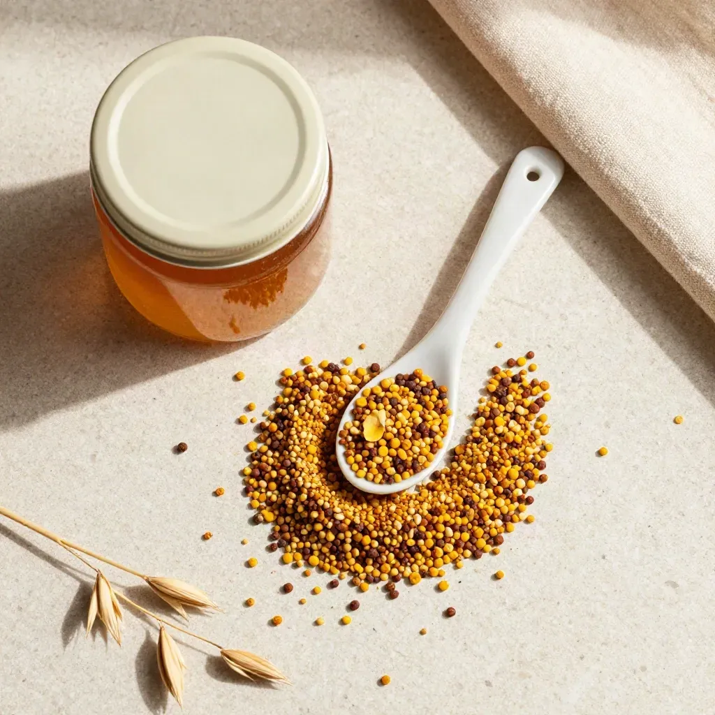 Overhead flat lay of wildflower honey pollen jar, ceramic spoon, oats and petals on cream linen.