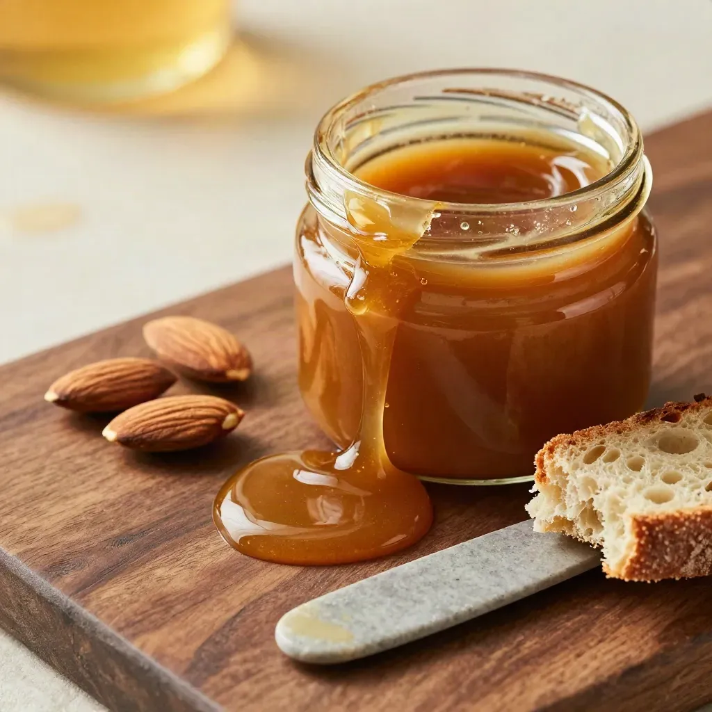 Half-open honey almond spread jar with almonds, sourdough and a stone butter knife on walnut slate.