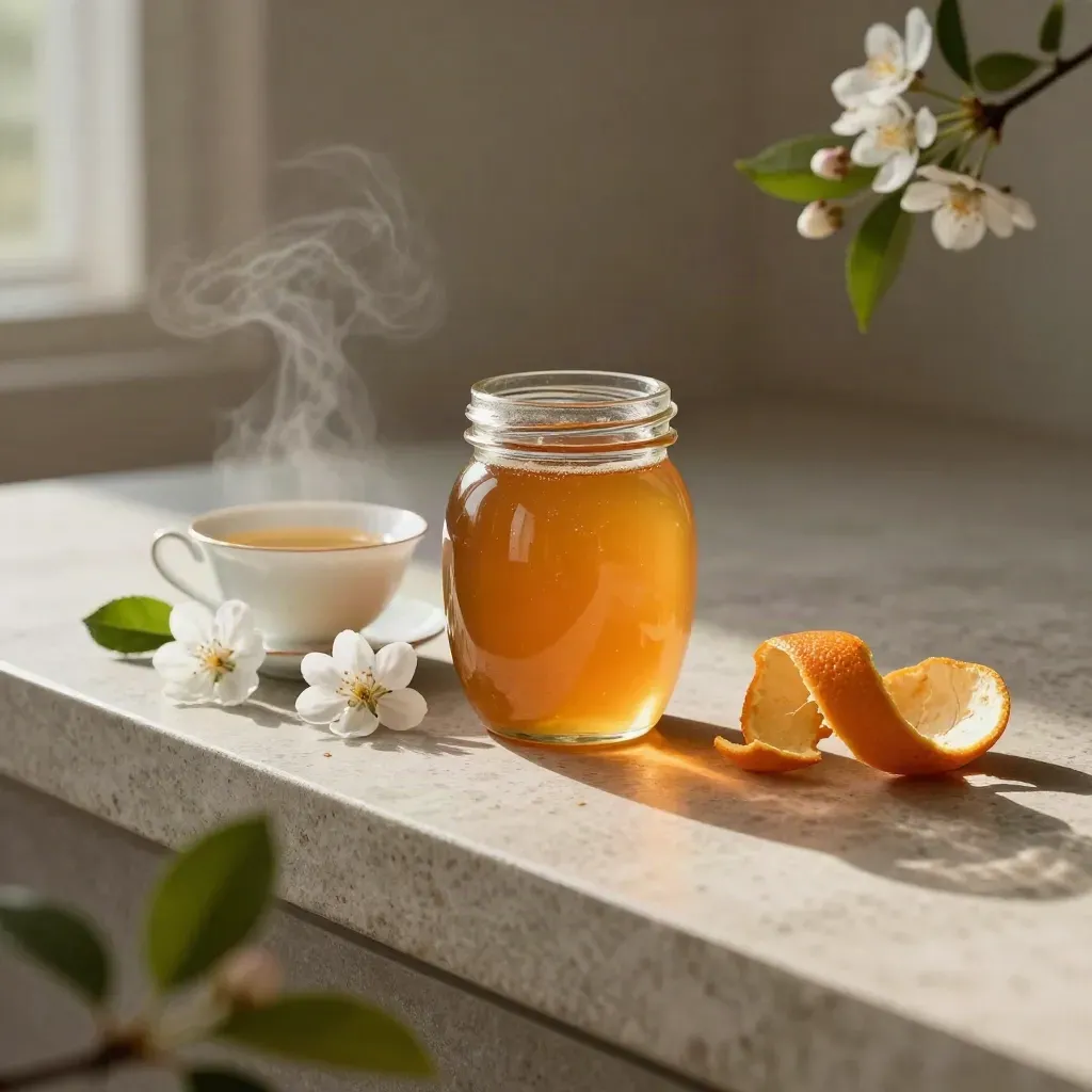 Orange blossom honey jar beside blossoms and teacup on a stone counter with citrus mist.