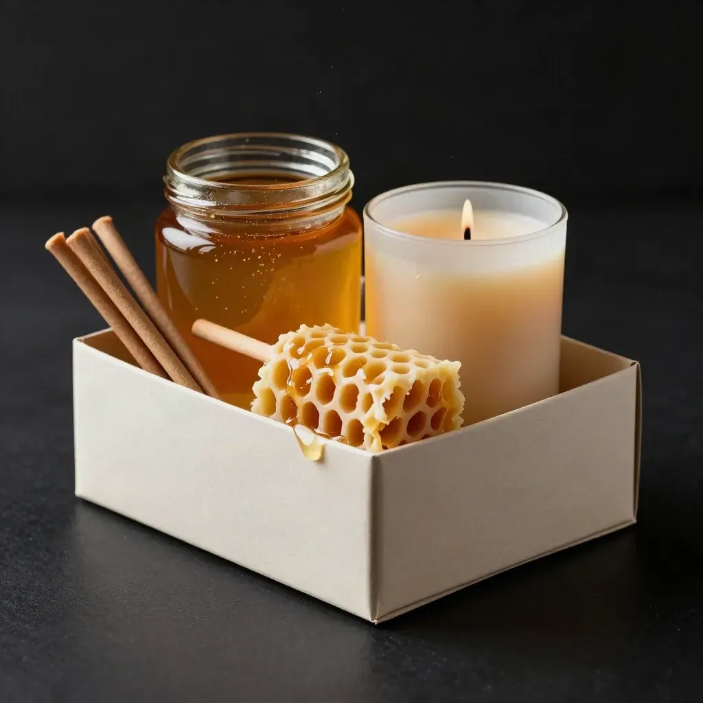 Honey gift box with raw honey jar, sticks, and candle spilling from a black studio box.