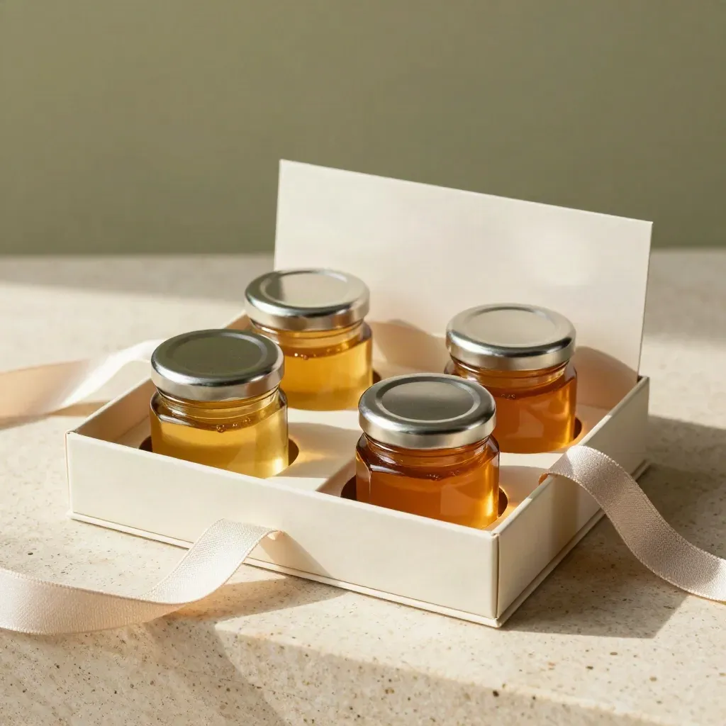 Open honey sampler box with four mini jars, linen ribbon, and a plain divider card on travertine.