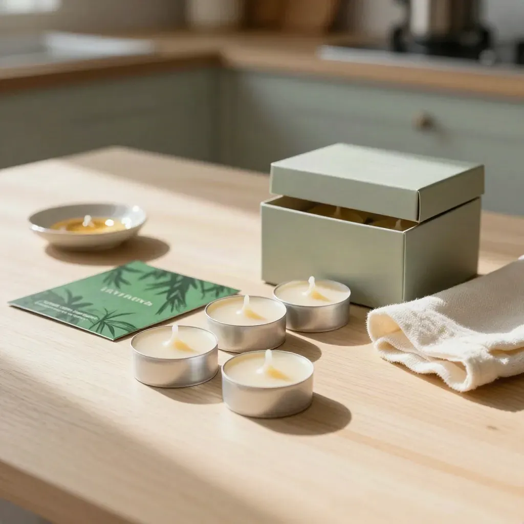 Open box of beeswax tea lights with wax discs and folded cloth on a pale wood table.