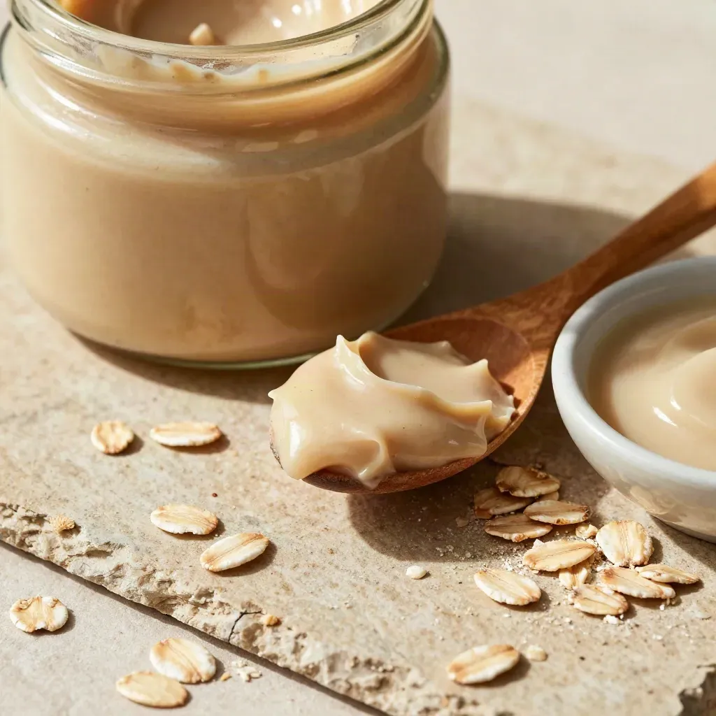 Honey oat spread jar with oats, wooden spoon, and ceramic bowl in a warm macro still life.