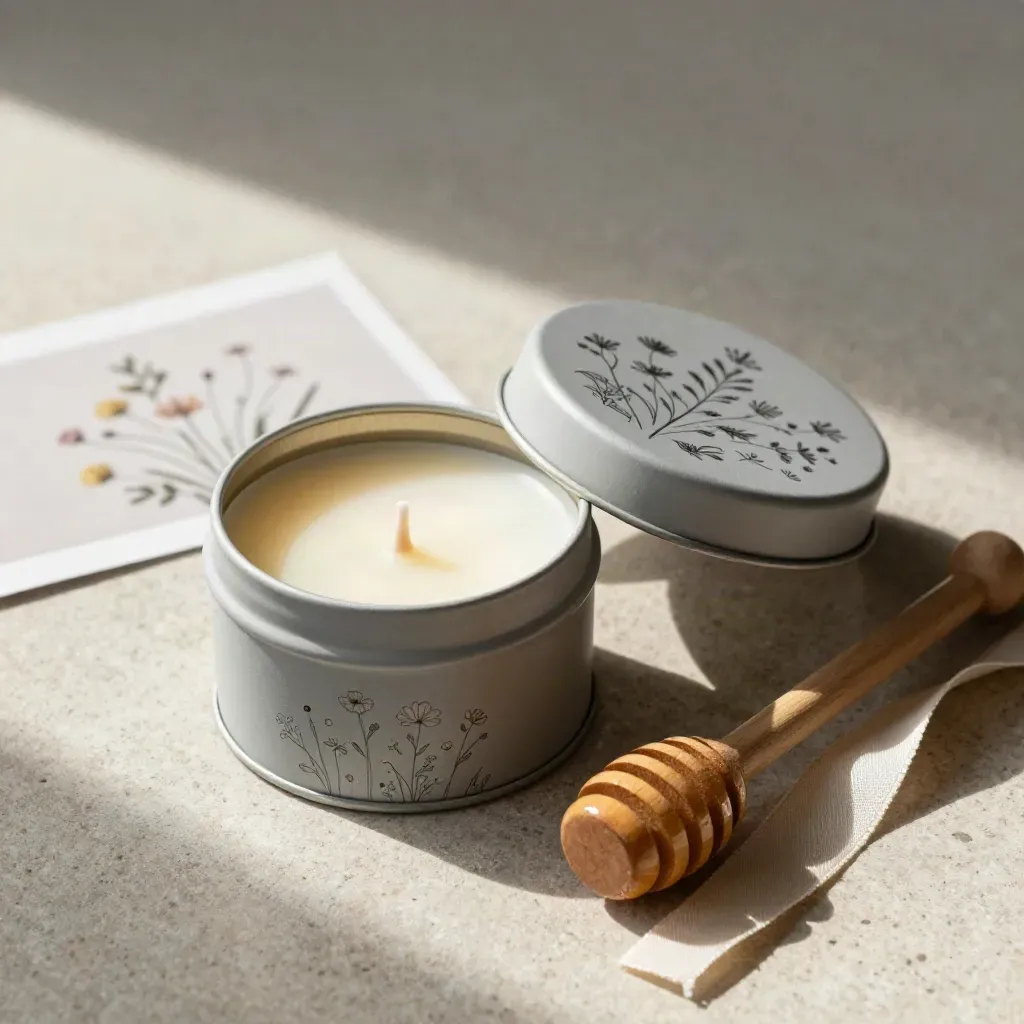 Wildflower gift tin with beeswax candle, honey dipper, and ribbon on stone