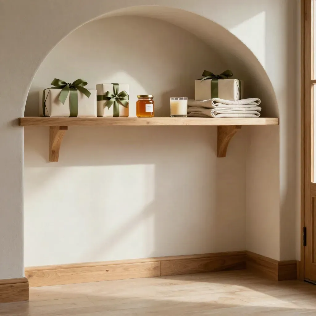 Pantry corner with gift boxes, honey jar and candle on a high shelf in warm sunlight.